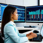 A focused female professional, a media planner, in a modest business suit, intently analyzing complex data on multiple large, high-resolution computer monitors in a modern, brightly lit open-plan office. The screens display clear dashboards with intricate charts and graphs, reflecting deep strategic insight and data-driven storytelling. Her hand is poised near a mouse, indicative of thoughtful interaction. fully clothed, appropriate attire, safe for work, perfect anatomy, natural proportions, well-formed hands, proper finger count, natural body proportions, professional photography, high quality, appropriate content, professional dress, modest clothing, family-friendly.