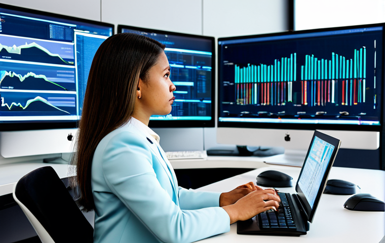 A focused female professional, a media planner, in a modest business suit, intently analyzing complex data on multiple large, high-resolution computer monitors in a modern, brightly lit open-plan office. The screens display clear dashboards with intricate charts and graphs, reflecting deep strategic insight and data-driven storytelling. Her hand is poised near a mouse, indicative of thoughtful interaction. fully clothed, appropriate attire, safe for work, perfect anatomy, natural proportions, well-formed hands, proper finger count, natural body proportions, professional photography, high quality, appropriate content, professional dress, modest clothing, family-friendly.