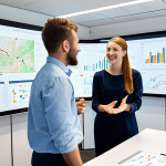A diverse team of professional digital marketing strategists brainstorming in a bright, modern, collaborative open-plan office. They are gathered around a large interactive screen displaying abstract data visualizations and user journey maps, with one team member gesturing enthusiastically while explaining a concept. All individuals are wearing modest business attire and professional dress. The scene is well-lit, capturing a high-resolution, professional photograph with a clean aesthetic. Perfect anatomy, correct proportions, natural poses, well-formed hands, proper finger count, and natural body proportions are essential. Safe for work, appropriate content, fully clothed, professional.