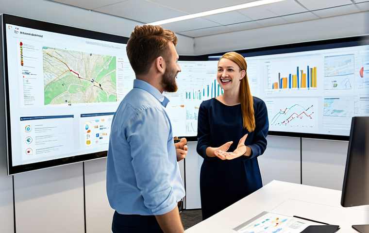 A diverse team of professional digital marketing strategists brainstorming in a bright, modern, collaborative open-plan office. They are gathered around a large interactive screen displaying abstract data visualizations and user journey maps, with one team member gesturing enthusiastically while explaining a concept. All individuals are wearing modest business attire and professional dress. The scene is well-lit, capturing a high-resolution, professional photograph with a clean aesthetic. Perfect anatomy, correct proportions, natural poses, well-formed hands, proper finger count, and natural body proportions are essential. Safe for work, appropriate content, fully clothed, professional.