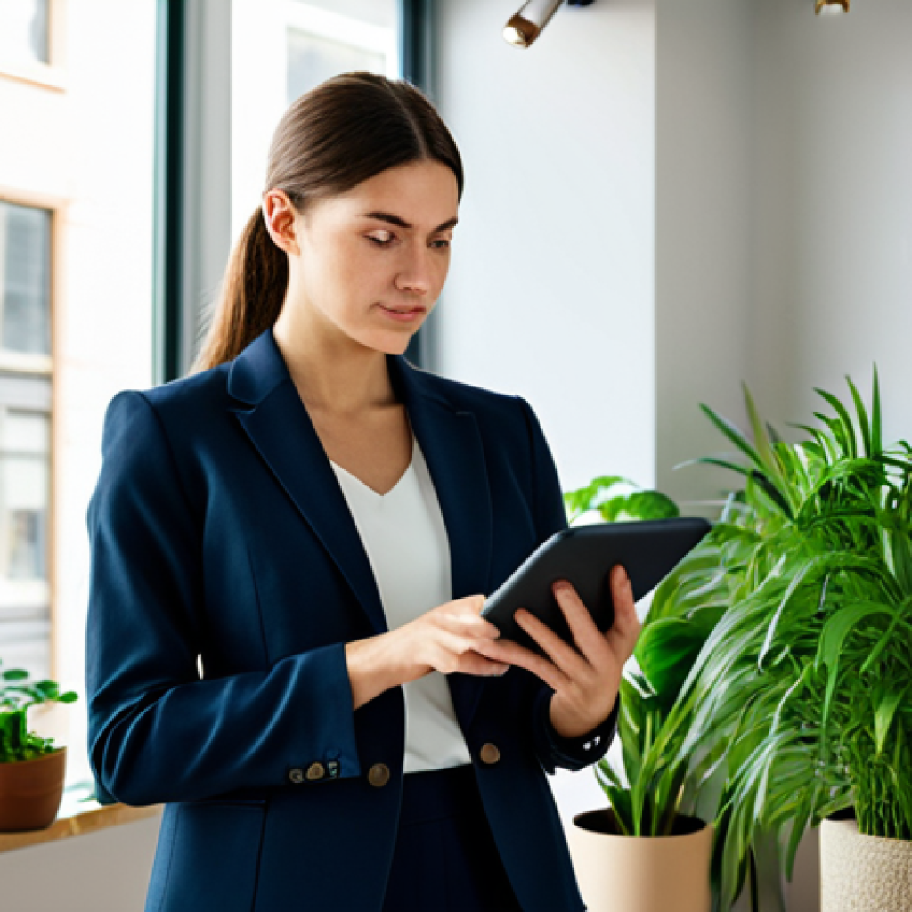 **

A confident businesswoman in a tailored, modest blazer and slacks, standing in a sunlit co-working space filled with plants, holding a tablet displaying data visualizations.  Professional environment, appropriate attire, safe for work, perfect anatomy, natural proportions, professional headshot photography, high quality, well-formed hands, proper finger count.

**