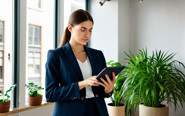 **

A confident businesswoman in a tailored, modest blazer and slacks, standing in a sunlit co-working space filled with plants, holding a tablet displaying data visualizations.  Professional environment, appropriate attire, safe for work, perfect anatomy, natural proportions, professional headshot photography, high quality, well-formed hands, proper finger count.

**