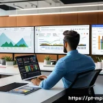 미디어 플래너 자격증 추천 - A professional media planner working at a modern office desk with multiple digital screens displayin...