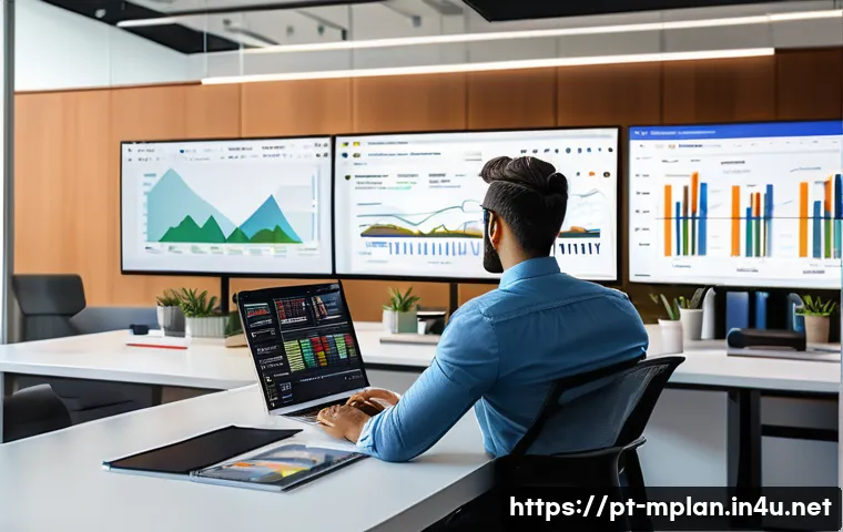 미디어 플래너 자격증 추천 - A professional media planner working at a modern office desk with multiple digital screens displayin...