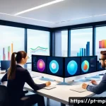 미디어 플래너와 광고 효과 측정 도구 - A modern digital marketing team in a bright office setting, analyzing complex audience profiles on m...