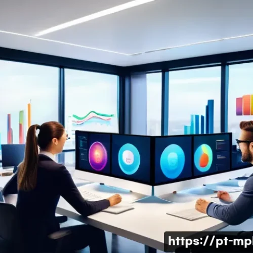 미디어 플래너와 광고 효과 측정 도구 - A modern digital marketing team in a bright office setting, analyzing complex audience profiles on m...