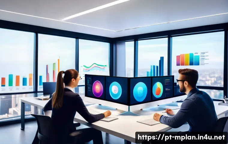 미디어 플래너와 광고 효과 측정 도구 - A modern digital marketing team in a bright office setting, analyzing complex audience profiles on m...