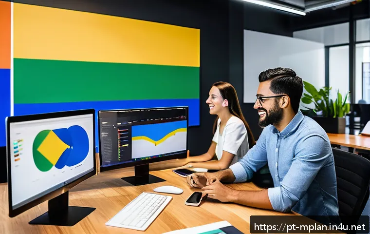 미디어 플래너와 퍼포먼스 마케팅 사례 - A vibrant digital marketing team in a modern São Paulo office, focused on audience analytics; divers...