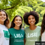 미디어 플래너 초보자를 위한 가이드 - A diverse group of young Brazilian women gathered in a vibrant urban park, engaging with natural cos...